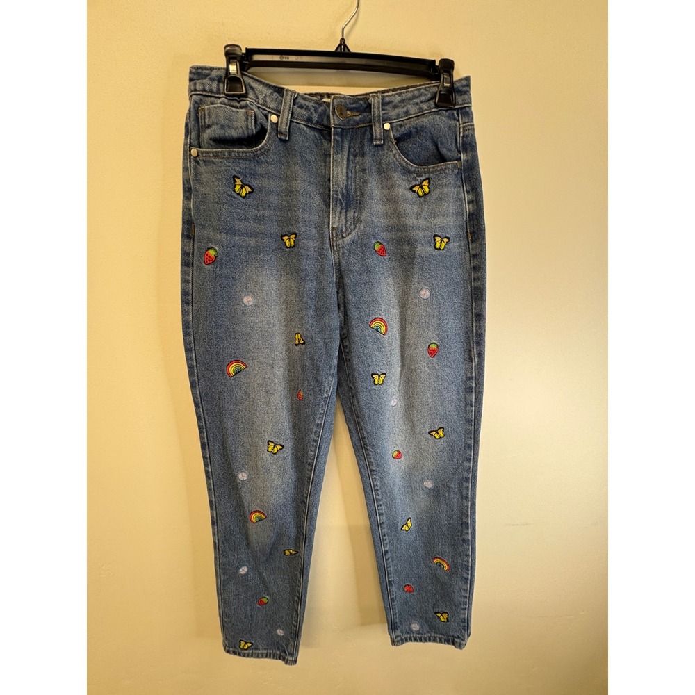 BP Embroidered Butterfly Rainbow Mom Jeans Medium Wash High Rise Size 28